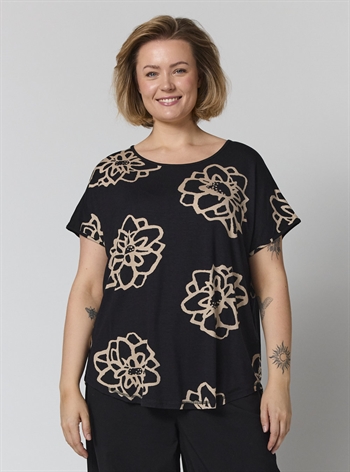 Gozzip - Gitte T-shirt med Print, Sort med Sand Blomster